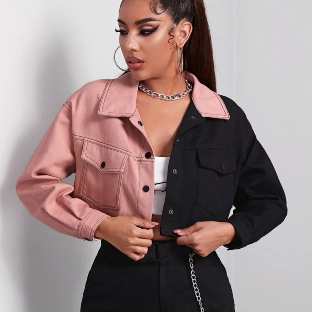 SHEIN EZwear Drop Shoulder Color Block Button Front Crop Jacket